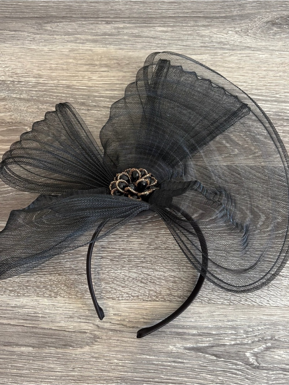 Black Mesh Floral Fascinator Headband with Decorative Center